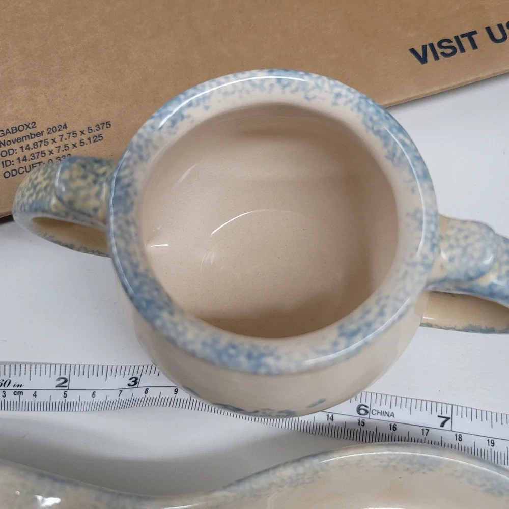 Loomco Blue Spongeware Heart Ceramic Sugar Bowl and Spoon Rest Set 90s Farmhouse